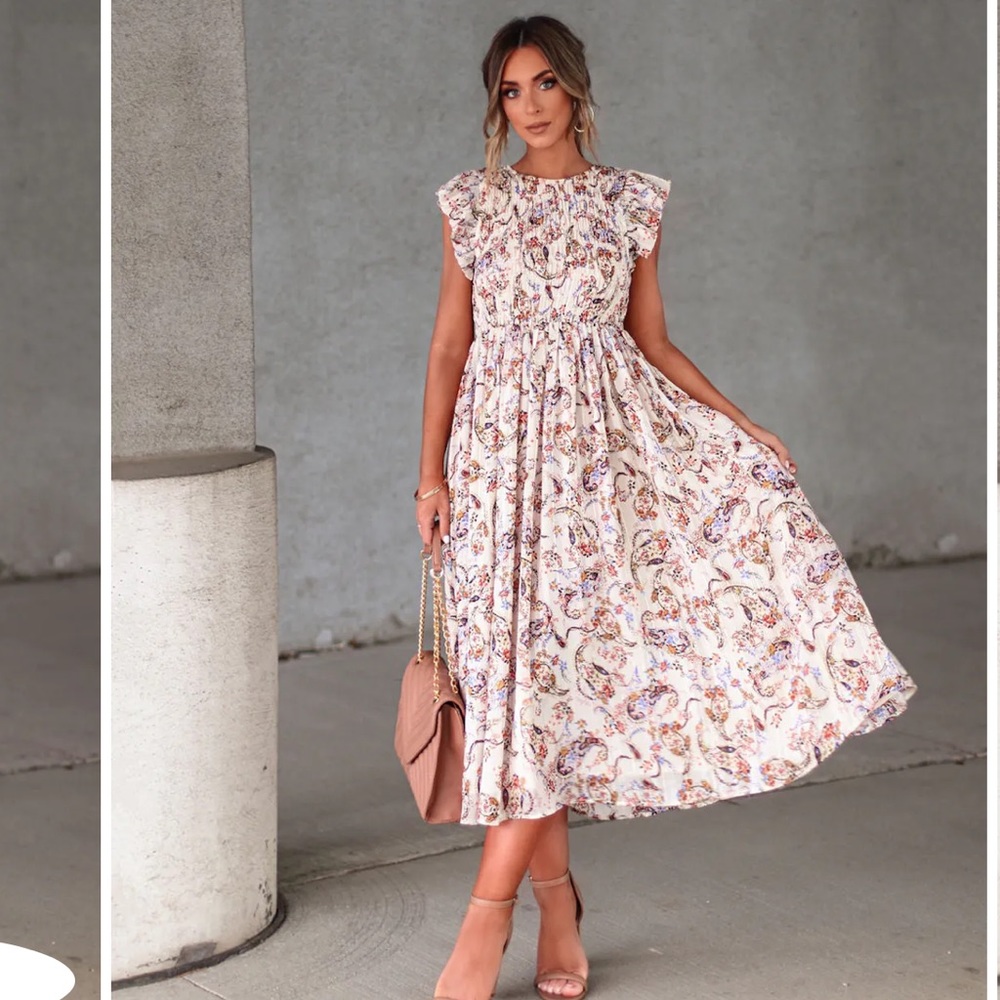 Vici Floral Midi Dress in Cream and Pink